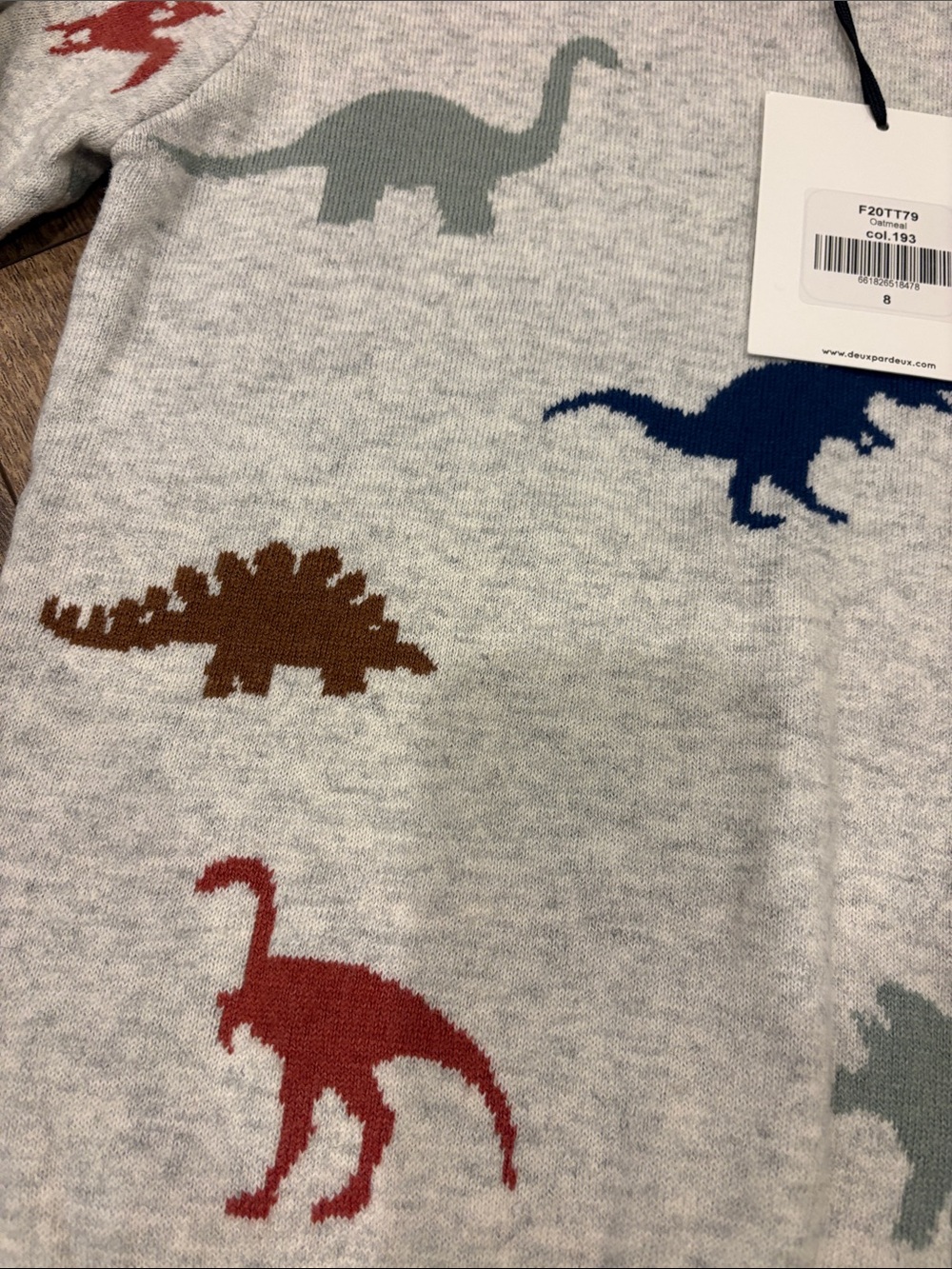 deux par deux Light Gray Crewneck Sweater with Multi-Color Dino Motifs - Picture 3 of 5